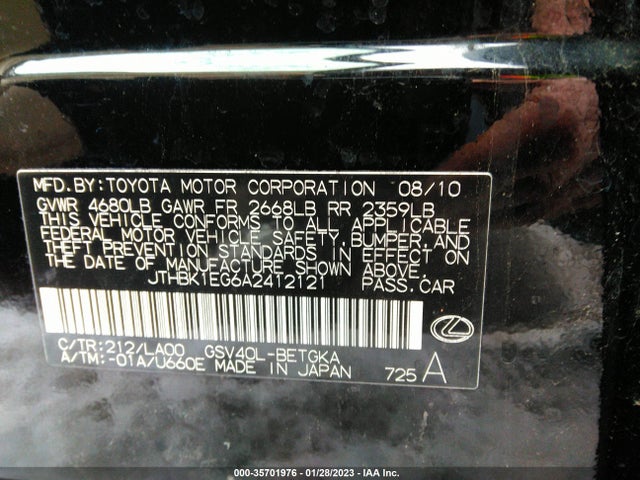 JTHBK1EG6A2412121 Lexus ES 350