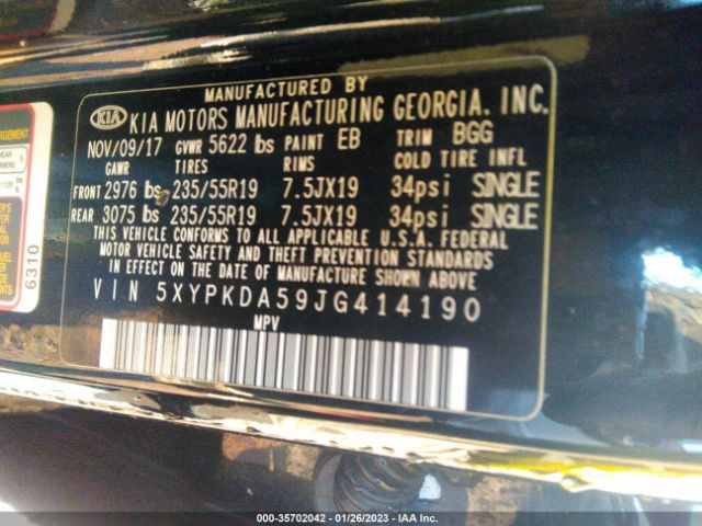 5XYPKDA59JG414190 KIA Sorento Sx V6