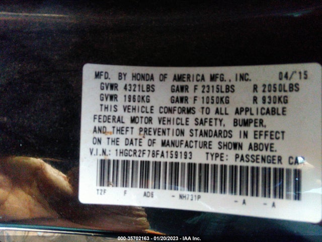 Honda Accord Sedan Ex 2015 1HGCR2F78FA159193 Image 9
