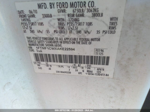 2010 FORD F-150 XL/STX/XLT/XL W VIN: 1FTMF1CWXAKE22594
