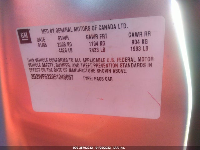 2005 PONTIAC GRAND PRIX VIN: 2G2WP522951248667