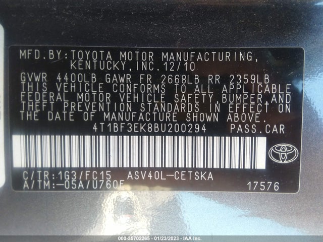 2011 TOYOTA CAMRY VIN: 4T1BF3EK8BU200294