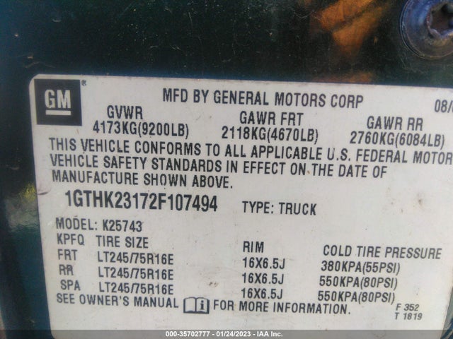 GMC SIERRA 2500HD 2002 1GTHK23172F107494 Image 10