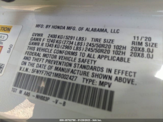 2021 Honda Passport, VIN: 5FNYF7H21MB002427