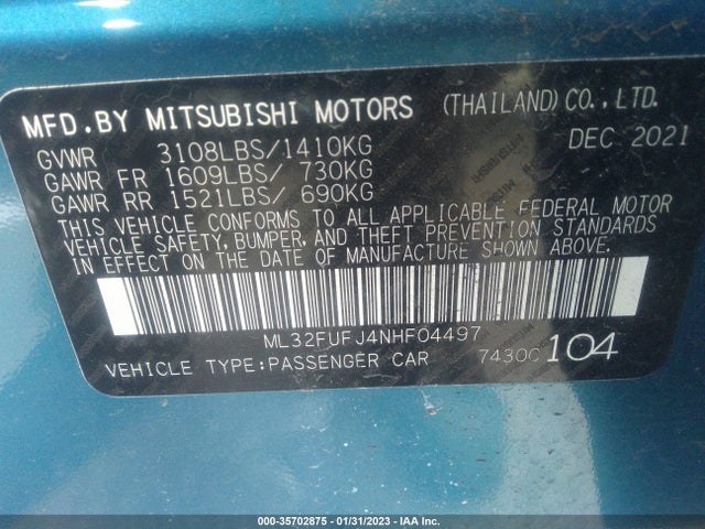 2022 Mitsubishi Mirage, VIN: ML32FUFJ4NHF04497