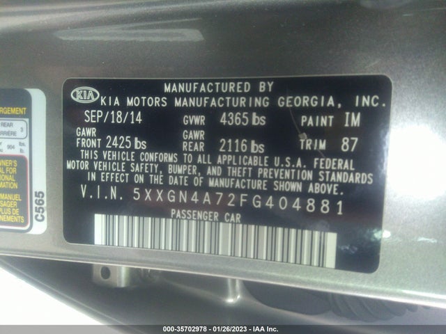 2015 Kia Optima, VIN: 5XXGN4A72FG404881