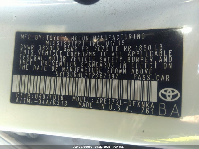 2015 TOYOTA COROLLA L/LE/S/S PLUS/LE PLUS VIN: 5YFBURHE7FP267197