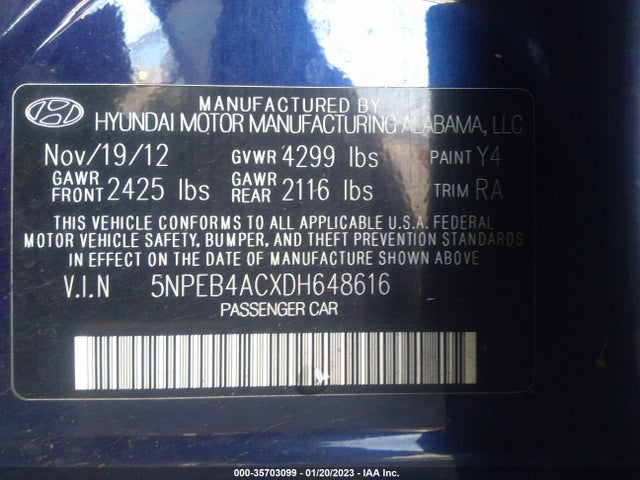 2013 HYUNDAI SONATA GLS VIN: 5NPEB4ACXDH648616