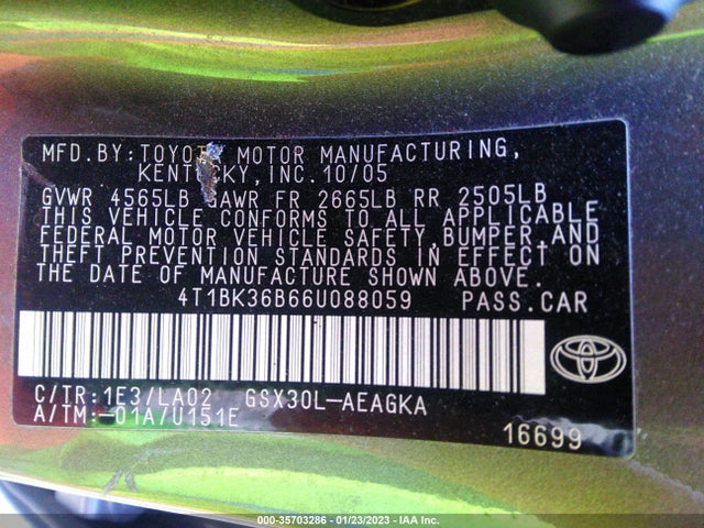 2006 TOYOTA AVALON XL/TOURING/XLS/LIMITED VIN: 4T1BK36B66U088059