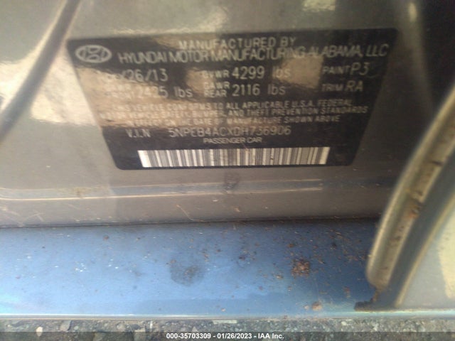 2013 HYUNDAI SONATA GLS VIN: 5NPEB4ACXDH736906
