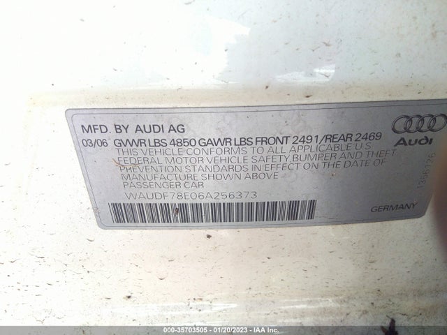 2006 AUDI A4 2.0T VIN: WAUDF78E06A256373