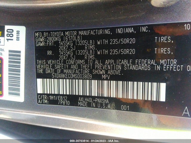 2021 TOYOTA SIENNA XSE VIN: 5TDXRKEC0MS003809