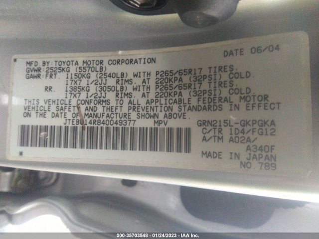 2004 TOYOTA 4RUNNER SR5 VIN: JTEBU14R840049377