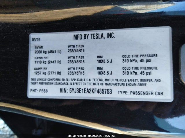 Tesla Model 3 Range 2019 5YJ3E1EA2KF485753 Image 10