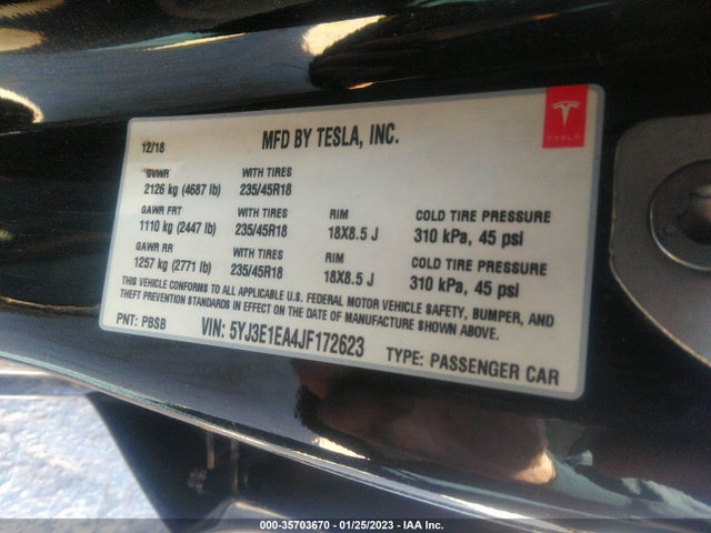 Tesla Model 3 Range Battery 2018 5YJ3E1EA4JF172623 Image 10