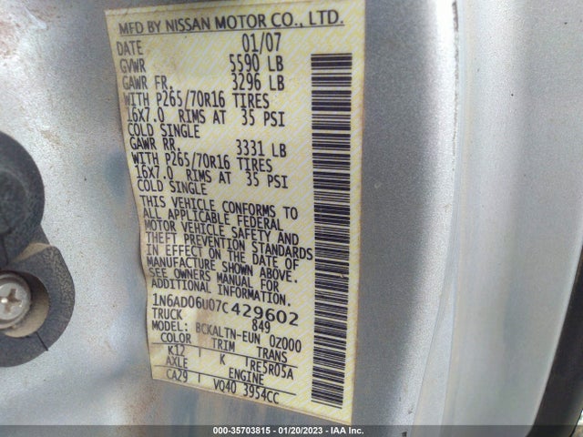 2007 NISSAN FRONTIER SE VIN: 1N6AD06U07C429602