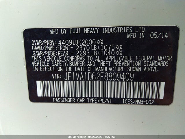 2015 Subaru WRX, VIN: JF1VA1D62F8809409