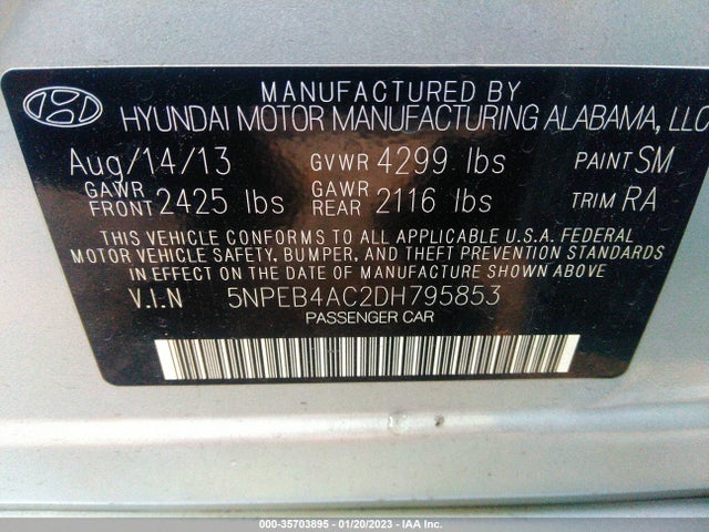 2013 HYUNDAI SONATA GLS PZEV VIN: 5NPEB4AC2DH795853