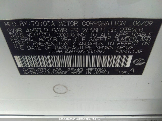 2009 LEXUS ES 350 VIN: JTHBJ46G692333997