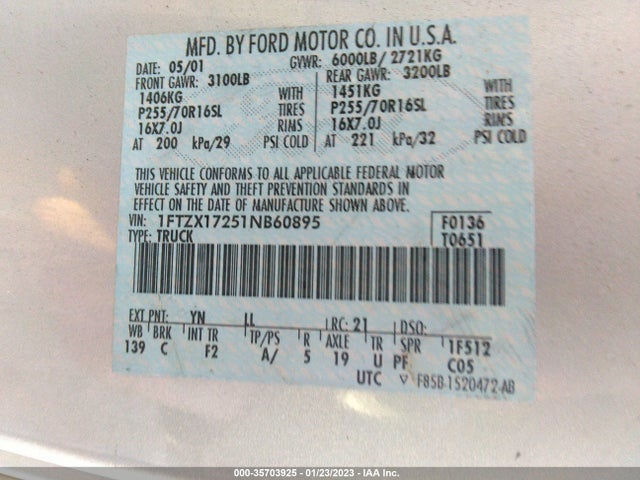 2001 FORD F-150 XL/XLT VIN: 1FTZX17251NB60895