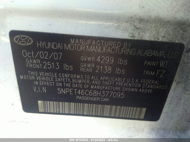 2008 HYUNDAI SONATA GLS VIN: 5NPET46C68H377095