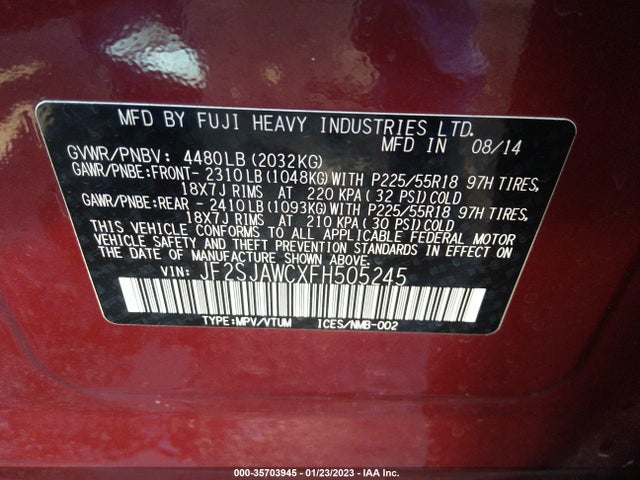2015 SUBARU FORESTER VIN: JF2SJAWCXFH505245