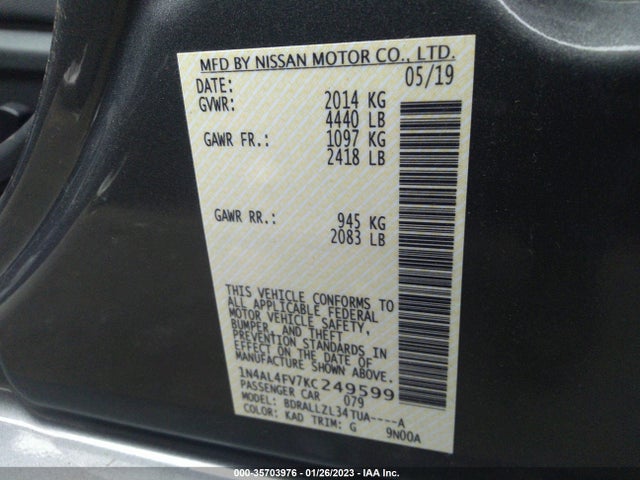 2019 NISSAN ALTIMA 2.0 PLATINUM VIN: 1N4AL4FV7KC249599
