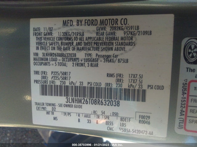 Lincoln MKZ 2008 3LNHM26T08R632038 Image 10