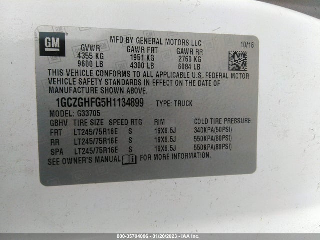 2017 Chevrolet Express, VIN: 1GCZGHFG5H1134899