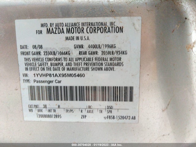 2009 MAZDA MAZDA6 VIN: 1YVHP81AX95M05460