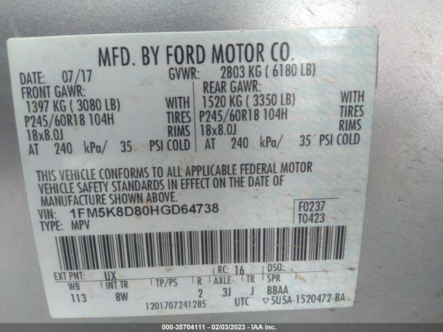 2017 FORD EXPLORER XLT VIN: 1FM5K8D80HGD64738