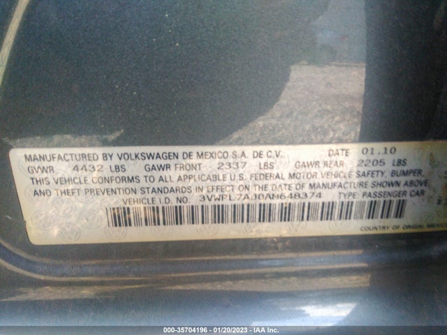 2010 VOLKSWAGEN JETTA SPORTWAGEN TDI VIN: 3VWPL7AJ0AM648374