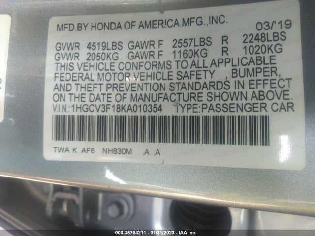 2019 Honda Accord, VIN: 1HGCV3F18KA010354