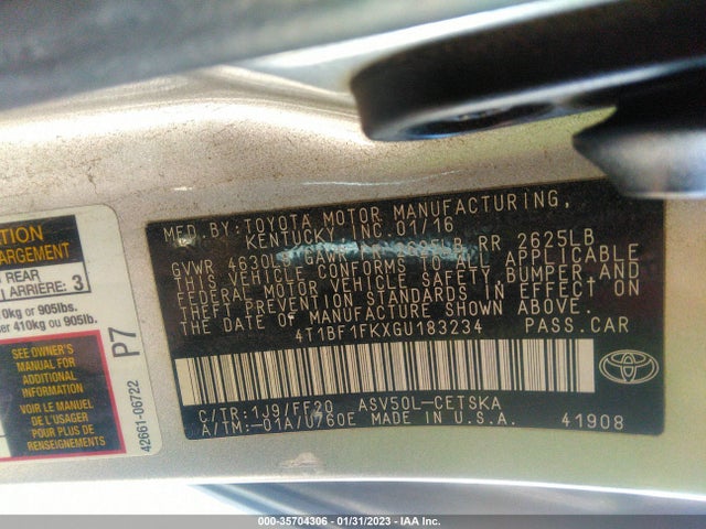 2016 TOYOTA CAMRY XLE/SE/LE/XSE VIN: 4T1BF1FKXGU183234
