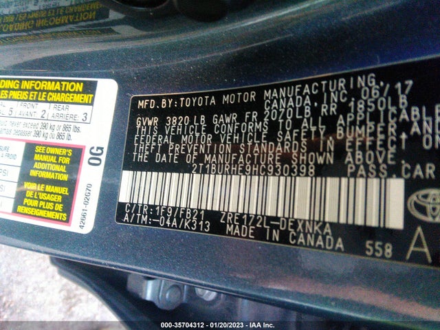 2017 Toyota Corolla, VIN: 2T1BURHE9HC930398