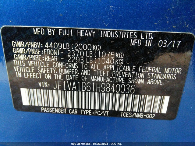 2017 Subaru WRX, VIN: JF1VA1B61H9840036