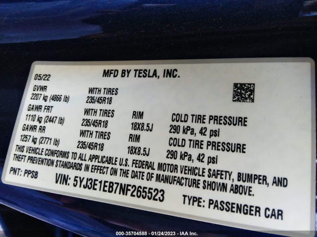 Tesla Model 3 Long Range 2022 5YJ3E1EB7NF265523 Image 9
