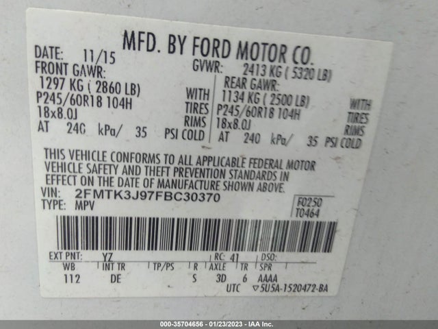 2015 FORD EDGE SEL VIN: 2FMTK3J97FBC30370