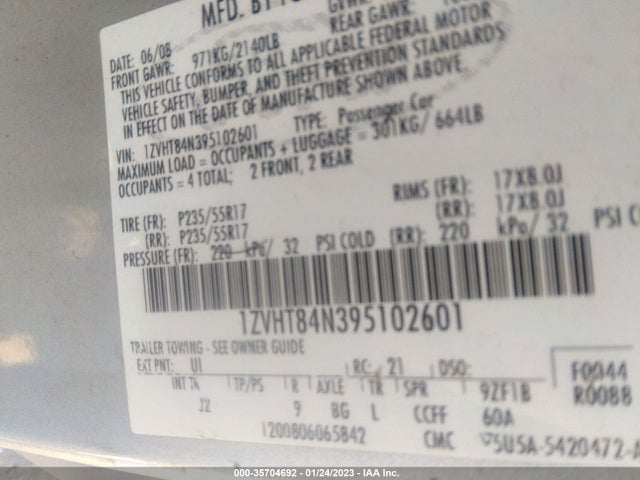 35704692 :رقم المزاد ، 1ZVHT84N395102601 vin ، 2009 Ford Mustang مزاد بيع