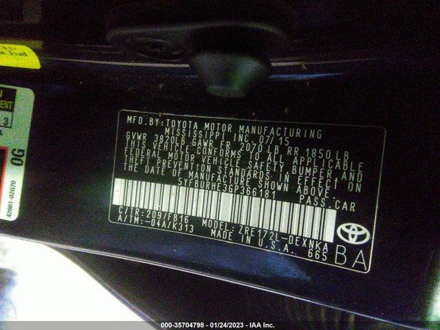 2016 TOYOTA COROLLA L/LE/S/S PLUS/LE PLUS VIN: 5YFBURHE3GP366181