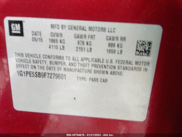 Chevrolet CRUZE LT 2015 1G1PE5SB9F7279601 Image 9
