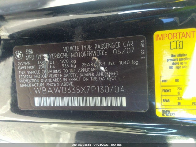 2007 BMW 3 SERIES 328I VIN: WBAWB335X7P130704