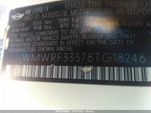 2008 MINI COOPER CONVERTIBLE VIN: WMWRF33578TG18246