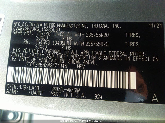 2022 Toyota Highlander, VIN: 5TDFZRBH7NS171145