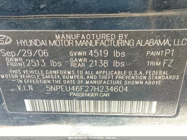 2007 HYUNDAI SONATA SE/LIMITED VIN: 5NPEU46F27H234604