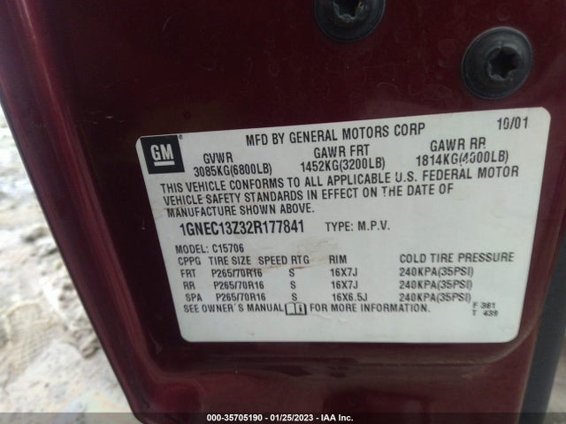 2002 CHEVROLET TAHOE LS VIN: 1GNEC13Z32R177841