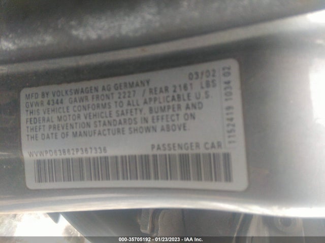 2002 VOLKSWAGEN PASSAT GLS VIN: WVWPD63B62P367336