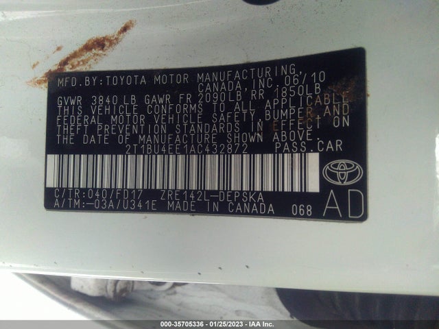 2010 TOYOTA COROLLA VIN: 2T1BU4EE1AC432872