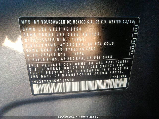 3VV3B7AX3KM111560 Volkswagen Tiguan Se/sel/sel R-line