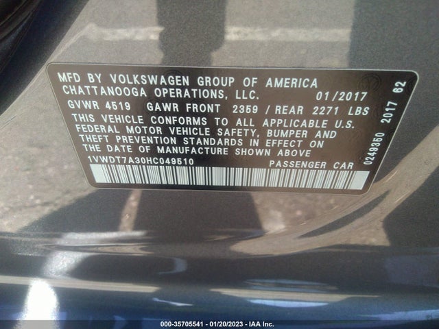 1VWDT7A30HC049510 Volkswagen Passat R-line W/comfort Pkg